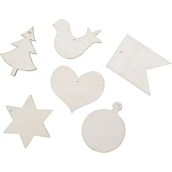 Træfigurer til dekoration med julemotiver, 24 stk (6x6 cm)