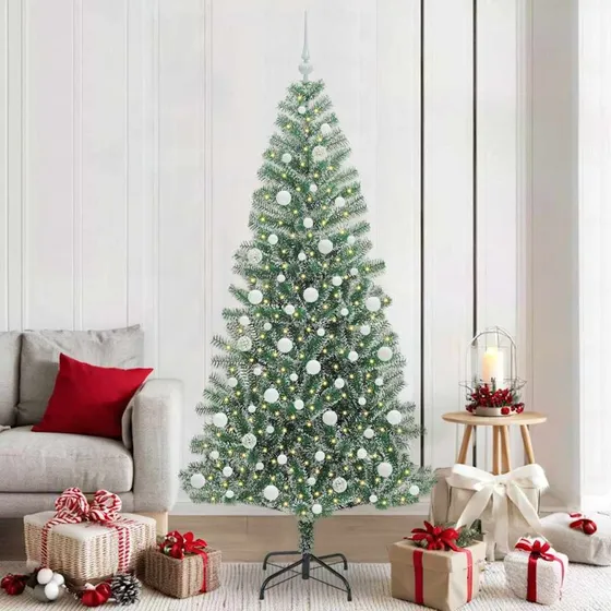 vidaXL Kunstigt Juletræ 210 cm Snebelagt med LED-Lys Grøn/Hvid