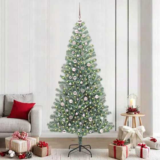 vidaXL Kunstigt Juletræ Snebelagt med LED Lys 240 cm Grøn og Hvid