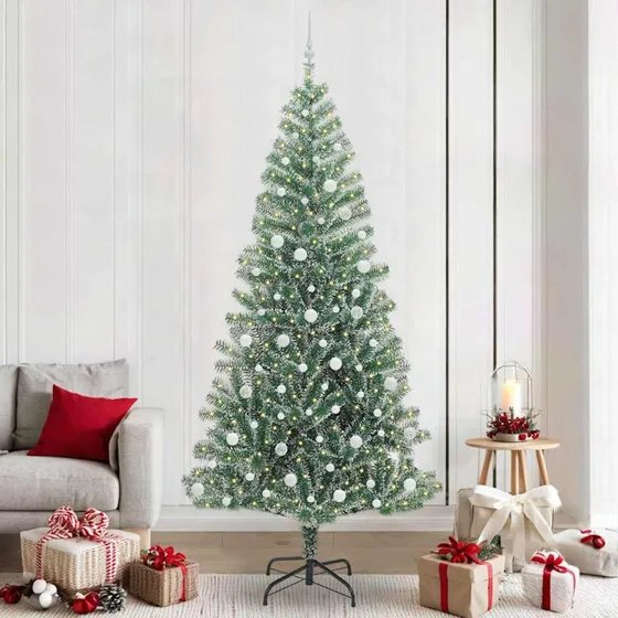 vidaXL Kunstigt Juletræ Snebelagt 240 cm med LED-Lys Grøn/Hvid