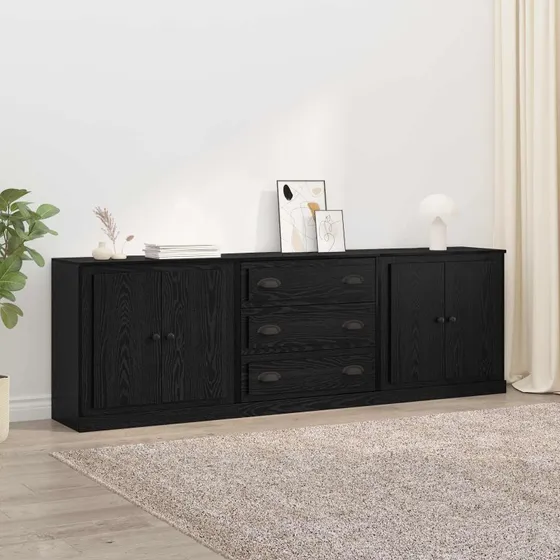 vidaXL 3-deligt sidebord, sort eg, 210 x 35,5 x 67,5 cm, konstrueret træ