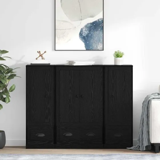 vidaXL Highboard med skuffe 3 stk, Sort eg Konstrueret træ