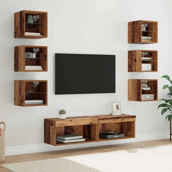 vidaXL TV-skab med LED-strimmelys og 8 skuffer, gammelt træ/glas
