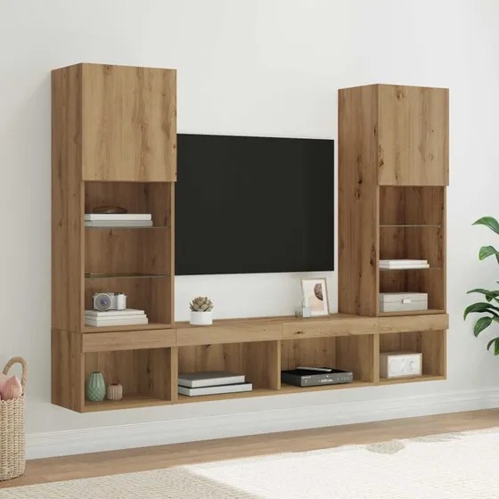 vidaXL Artisan Egetræ TV-vægunit med LED, 5 stk, 40,5 x 30 x 102 cm