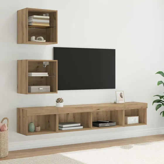 vidaXL TV-vægskab med LED, 5 stk, Egetræ, 100 x 30 x 30 cm