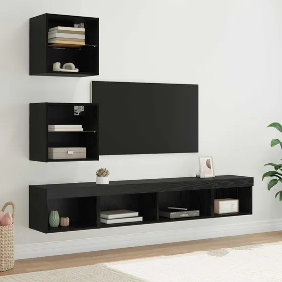 vidaXL TV-vægskab med LED, 5 stk, Sort, 100 x 30 x 30 cm, Træ