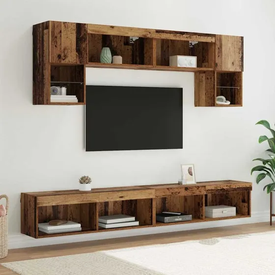 vidaXL TV-vægunit med LED, 6 stk, gammelt træ, konstrueret træ