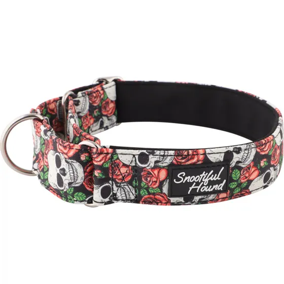 Skulls & Roses Martingale-halsbånd, polstret – Whippet/Greyhound