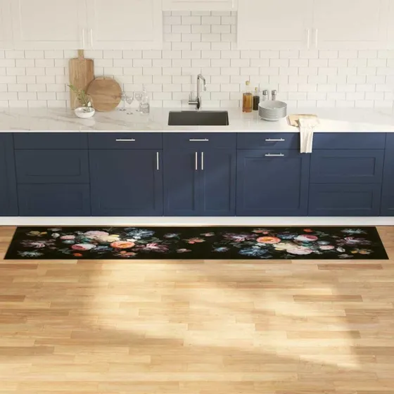 Blomstret Sort Køkkenmåtte 300 x 60 cm i Fløjl