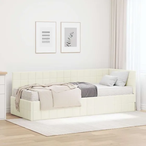 vidaXL Hjørnesengramme med Madras og Hovedgærde 2 stk Creme Fløjl