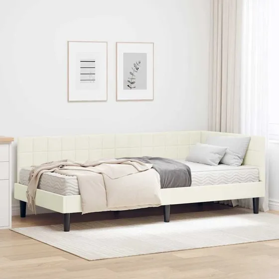 vidaXL Hjørnesengramme med Madras og Hovedgærde 2 stk Creme Fløjl