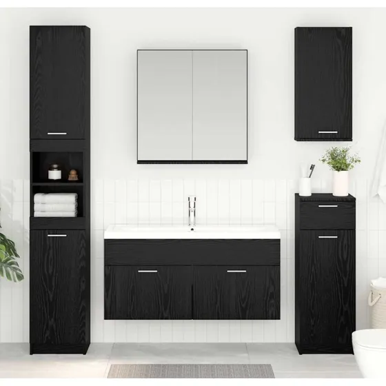 vidaXL Vaskeskab med dør, Sort, 38,5 x 100 x 46 cm, Konstrueret træ
