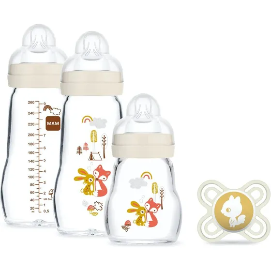 MAM Glasflaskesæt 170 ml + 2×260 ml med Silikone Sut til Nyfødte