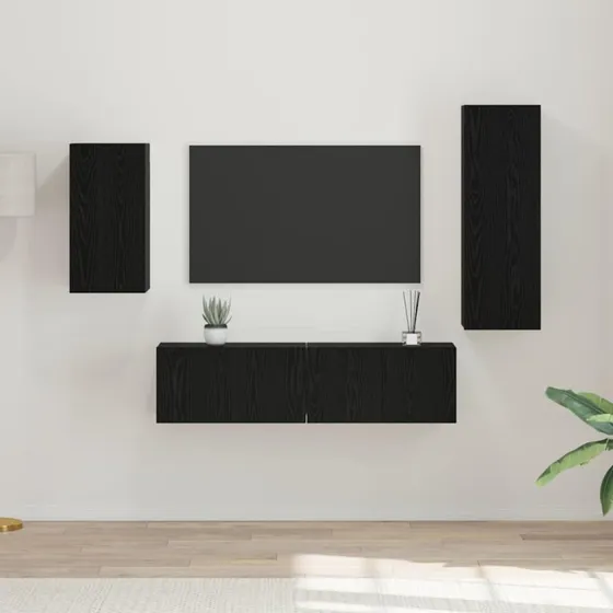 vidaXL Vægmonteret TV-møbelsæt 4 stk Sort eg 30,5 x 30 x 90 cm Konstrueret træ