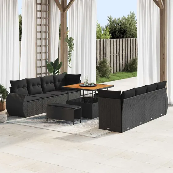 vidaXL Havesofa Sæt 11 stk Sort polyrattan med opbevaring
