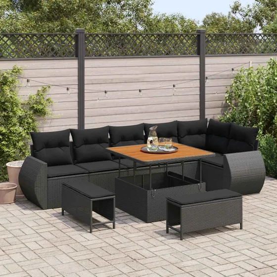 vidaXL Havesofa Sæt 9 pc Sort polyrattan