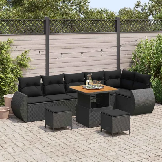 vidaXL Havesofa Sæt 9 pc Sort polyrattan