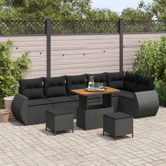 vidaXL Havesofa Sæt 9 pc Sort polyrattan