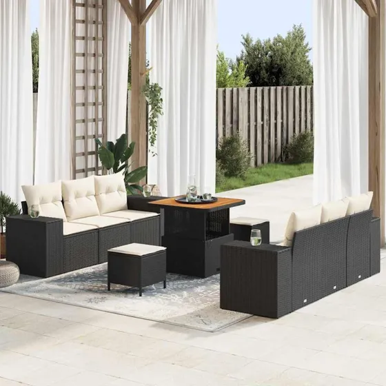 vidaXL Havesofa Sæt 9 pcs Sort Poly rattan med opbevaring