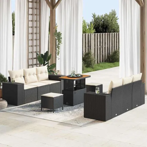 vidaXL Havesofa Sæt 9 pcs Sort Poly rattan med opbevaring