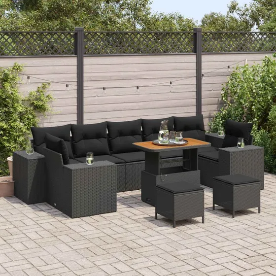 vidaXL Havesofa Sæt 10 pc Sort polyrattan