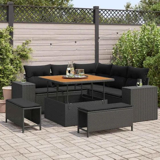 vidaXL Havesofa Sæt 8 pc Sort polyrattan