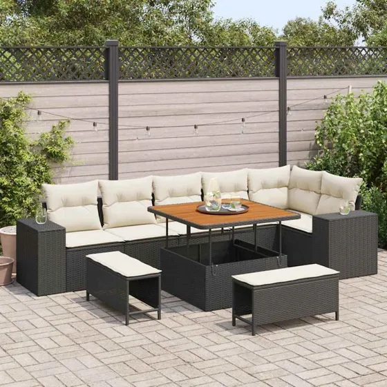vidaXL Havesofa Sæt 9 pcs Sort polyrattan