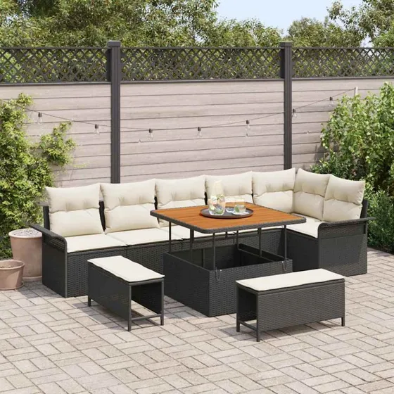vidaXL Havesofa Sæt 9 pcs Sort polyrattan