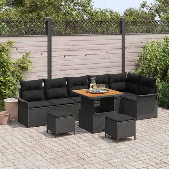 vidaXL Havesofa Sæt 9 pcs Sort polyrattan