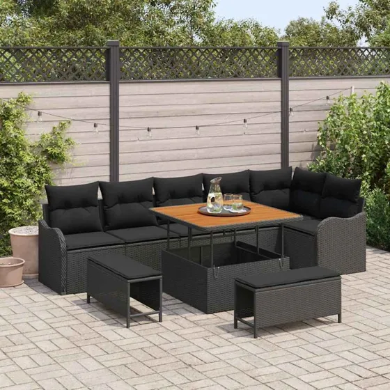 vidaXL Havesofa Sæt 9 stk Sort Poly Rattan
