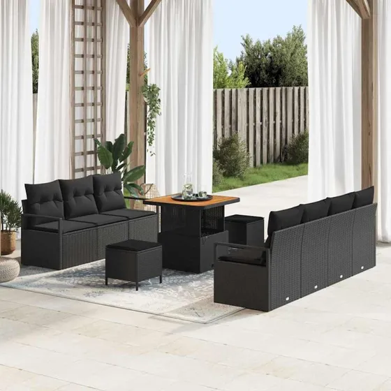 vidaXL Havesofa Sæt 10 pcs Sort Poly rattan