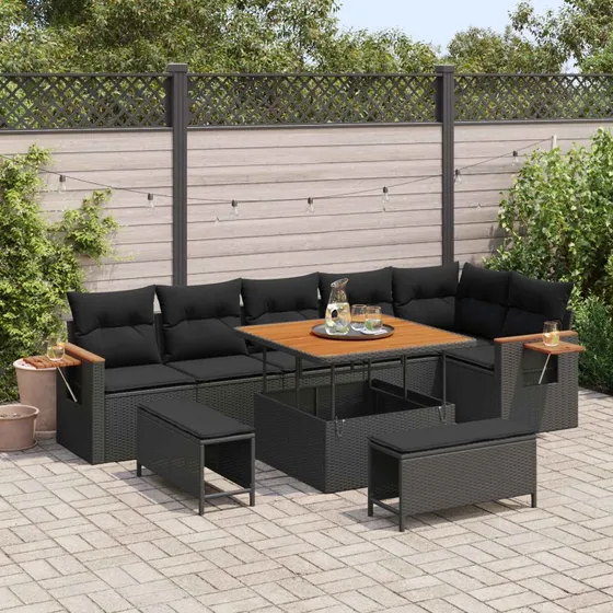 vidaXL Havesofa Sæt 9 stk Sort Poly Rattan & Stål