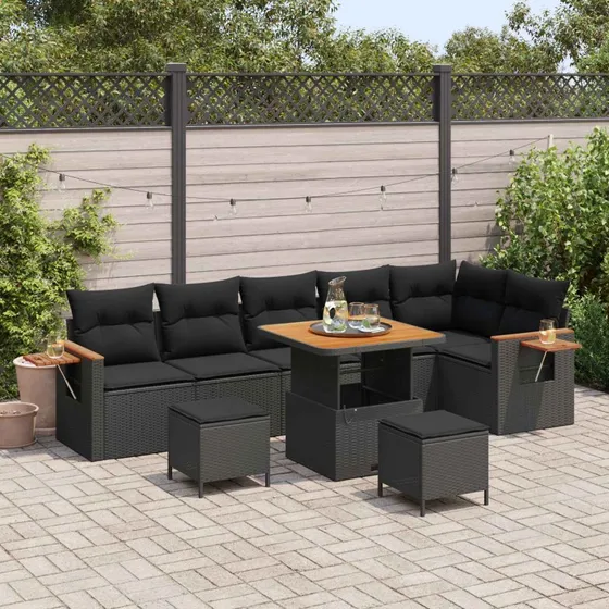 vidaXL Havesofa Sæt 9 stk Sort Poly Rattan & Stål