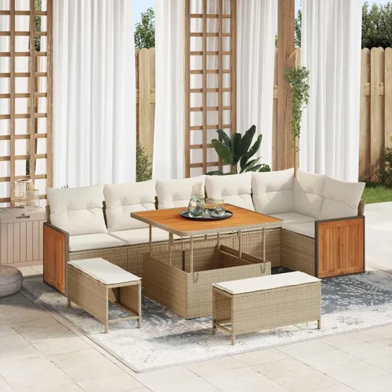 vidaXL Havesofa Sæt 9 pc Beige/Creme med højdejusterbar bordplade