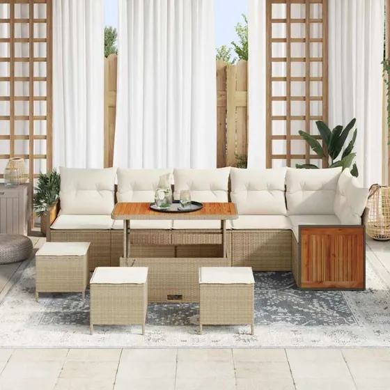 vidaXL Havesofa Sæt 10 pcs Beige/Creme med højdejusterbar bordplade
