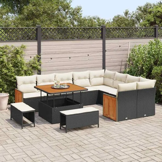 vidaXL Havesofa Sæt 12 del, Sort & Cream, 100 cm bord