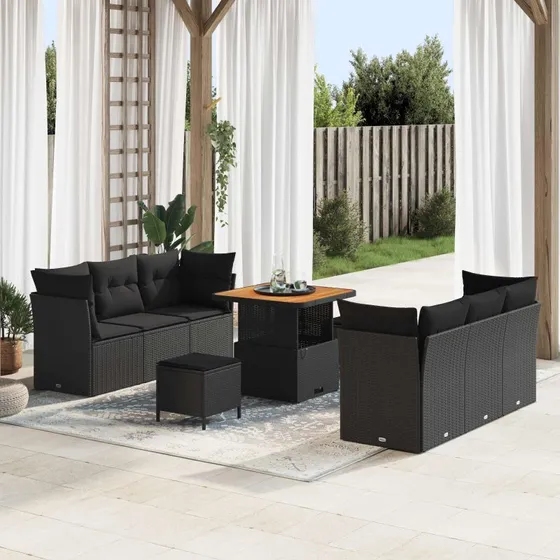 vidaXL Havesofa Sæt 9 stk Sort Polyrattan med Puder