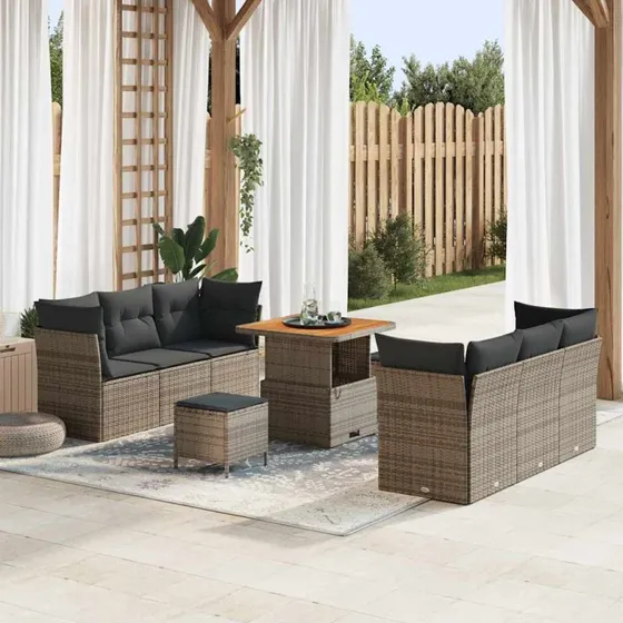 vidaXL Havesofa Sæt 9 stk Grå Polyrattan med Puder