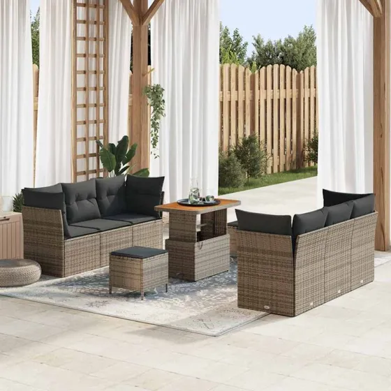 vidaXL Havesofa Sæt 9 pcs Grå Polyrattan med pulverlakeret stål