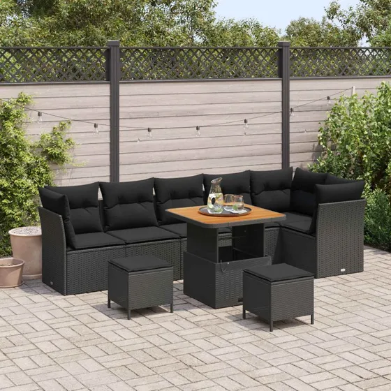 vidaXL Havesofa Sæt 9 stk Sort Poly rattan & pulverlakeret stål
