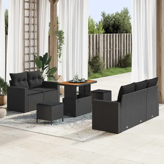 vidaXL Havesofa Sæt 8 pc Sort polyrattan med opbevaring