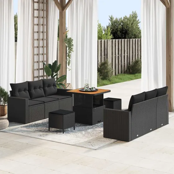 vidaXL Havesofa Sæt 9 pc Sort Polyrattan og Stål