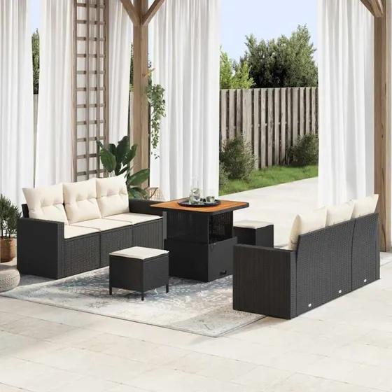 vidaXL Havesofa Sæt 9 pc med pude og opbevaring, Sort/Creme