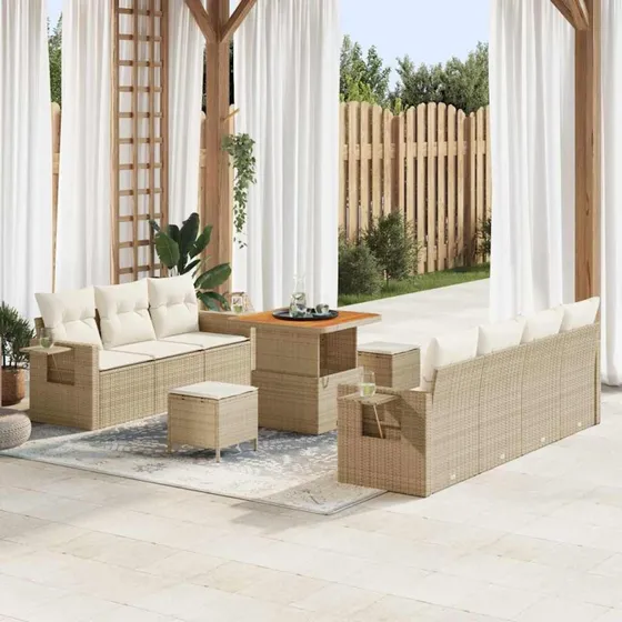 vidaXL Havesofa Sæt 10 pcs beige/creme med poly rattan og akacietræ bord