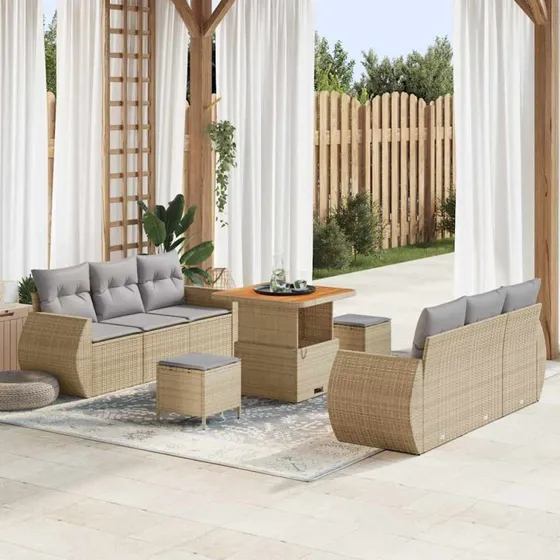 vidaXL Havesofa Sæt 9 pcs Beige/Lys Grå PolyRattan med Opbevaring