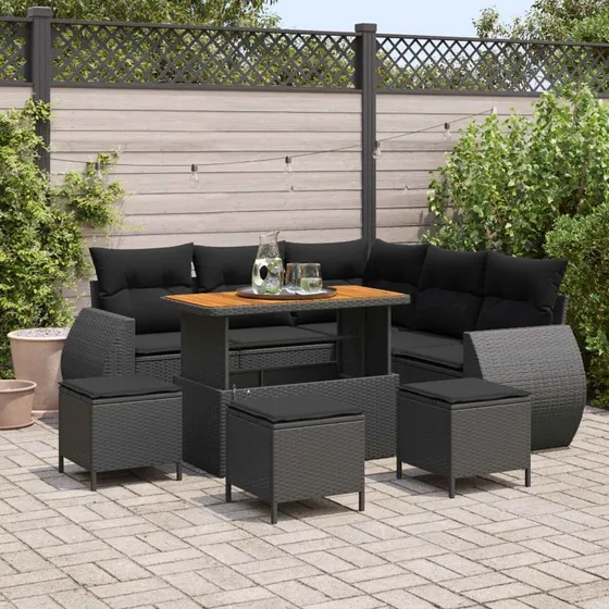 vidaXL Havesofa Sæt 9 pcs Sort polyrattan med opbevaring