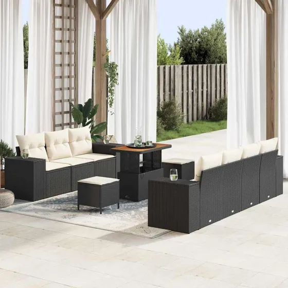 vidaXL Havesofa Sæt 10 pcs Sort/Cream Poly Rattan