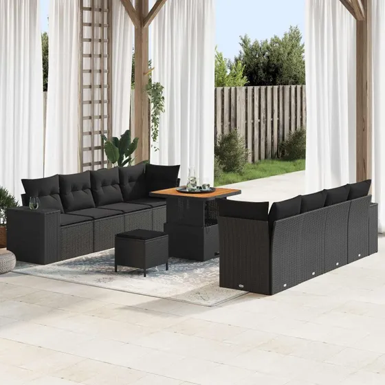 vidaXL Havesofa Sæt 11 pcs Sort Polyrattan med opbevaring