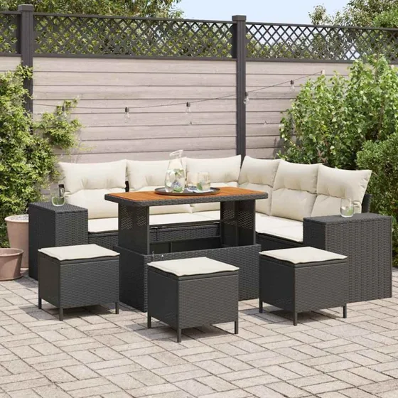 vidaXL Havesofa Sæt 9 pcs Sort og Cream med polyrattan