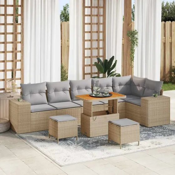 vidaXL Havesofa Sæt 9 pcs Beige/Lys Grå Poly Rattan